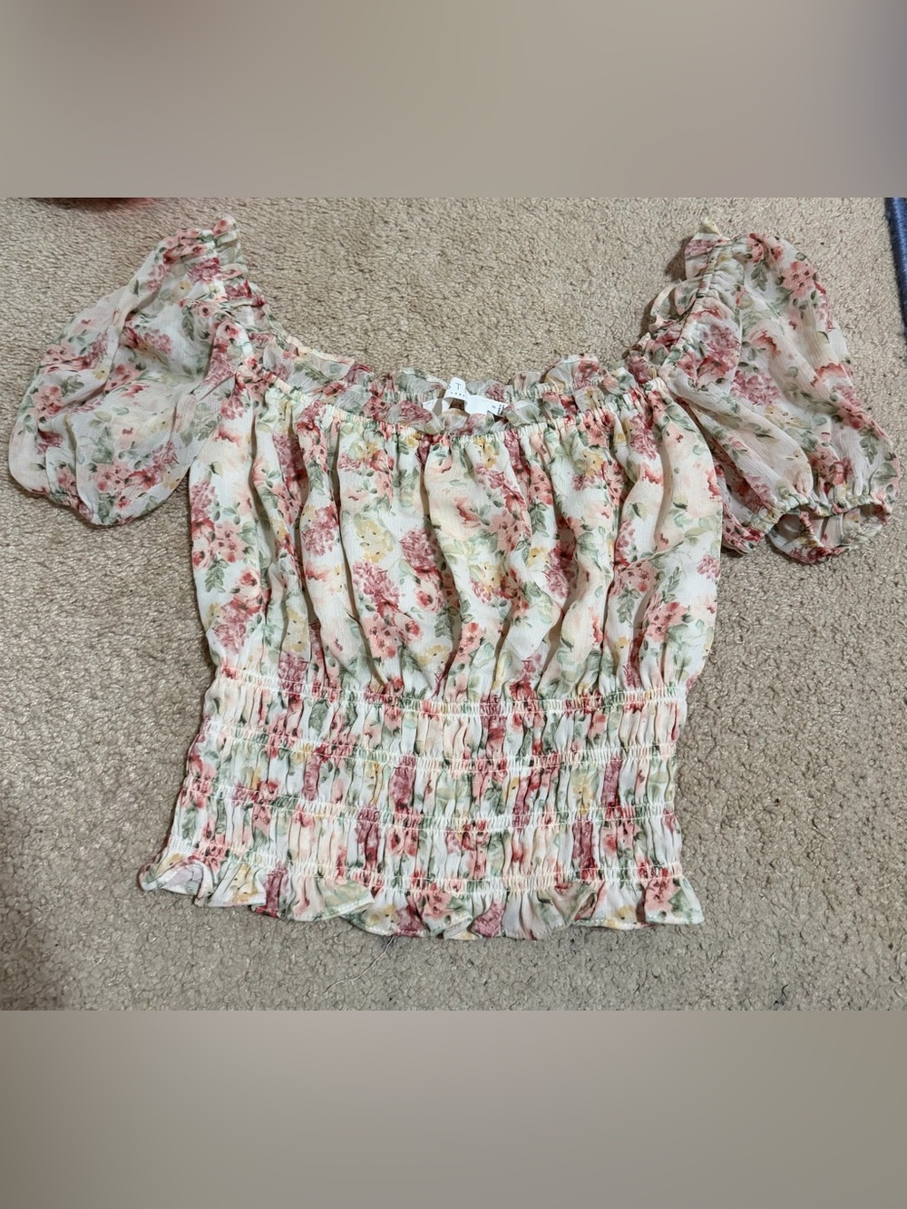 NWOT. Astr Floral Off-Shoulder Smocked Crop Top - Cream, Pink, Green